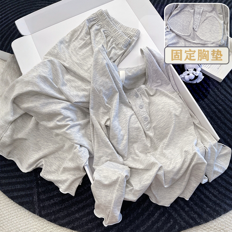 带胸垫睡衣长袖纯色松弛感女士莫代尔春秋季可外穿家居服薄款套装