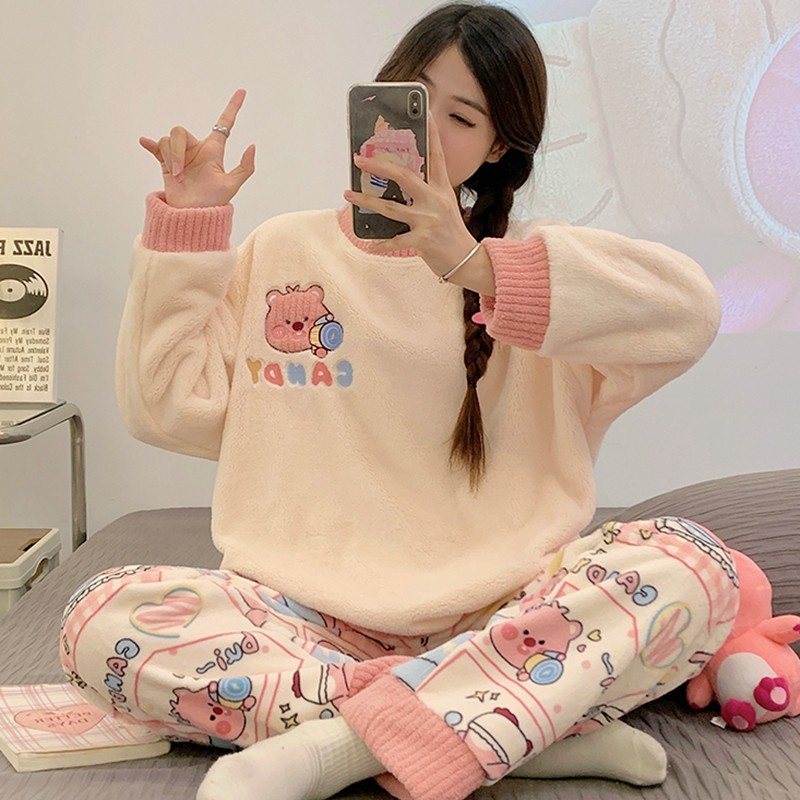 秋冬天女款加绒睡衣法兰绒保暖卡通可爱家居服可外穿甜美长袖套装
