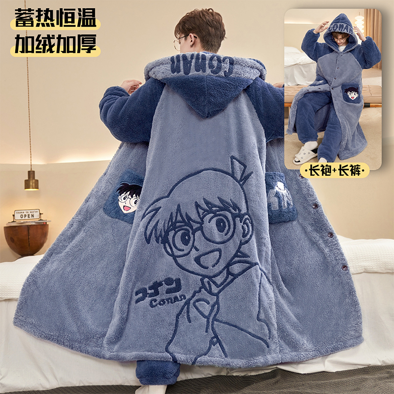 男款加绒加厚保暖珊瑚绒睡袍套装