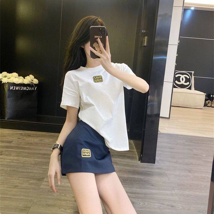 韩系时尚套装夏新款纯棉慵懒风短袖上衣高腰显瘦半身短裙两件套装