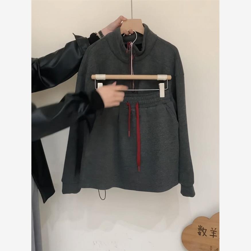 春秋2025新款韩版时尚立领半拉链卫衣搭配高腰显瘦半身短裙套装潮