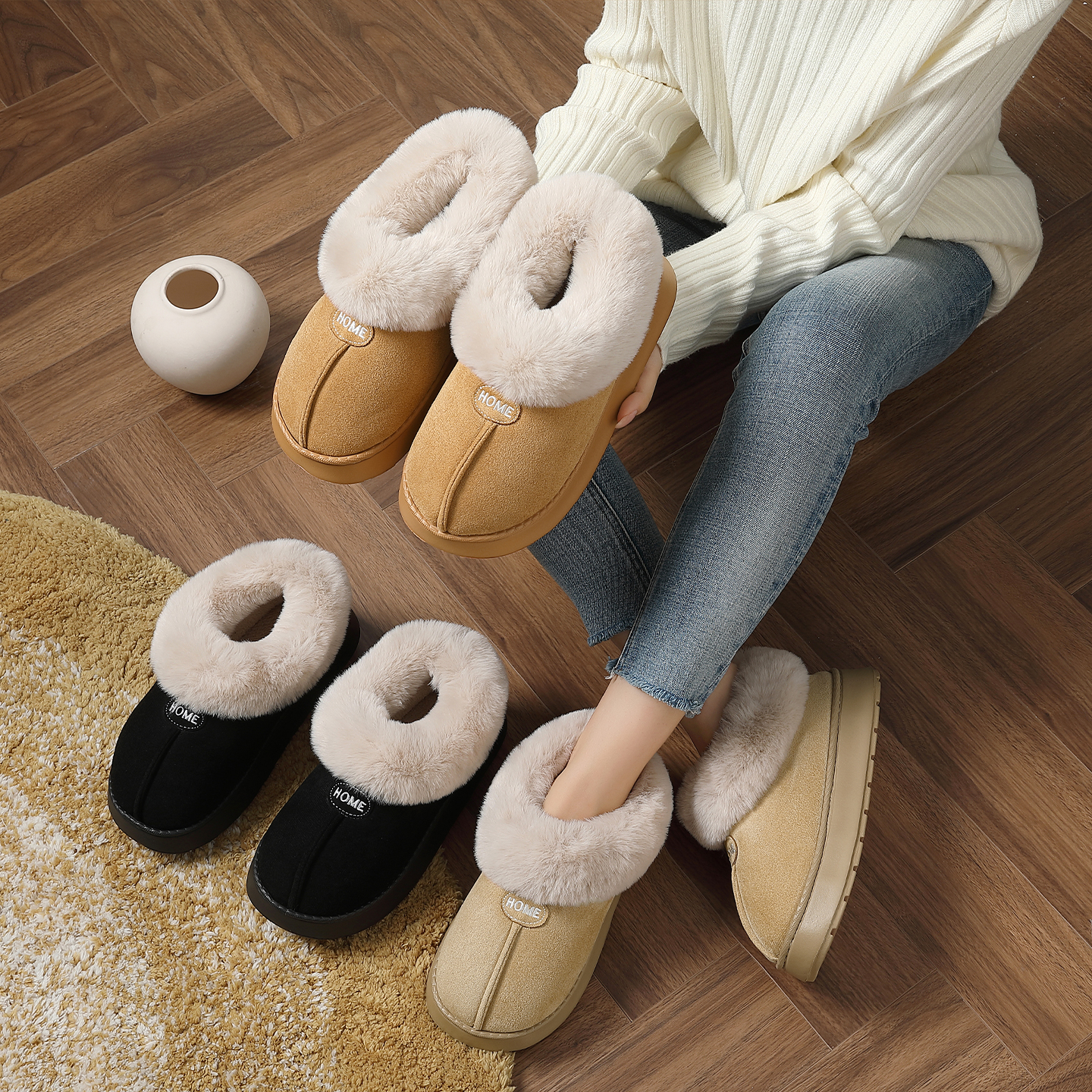 高帮加绒包跟棉拖鞋情侣款秋冬季2025新款防滑厚底保暖毛茸茸棉鞋