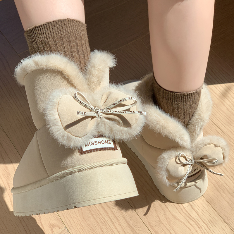 2025冬季新款蝴蝶结棉拖男女款居家外穿踩屎感百搭毛绒包跟棉拖鞋