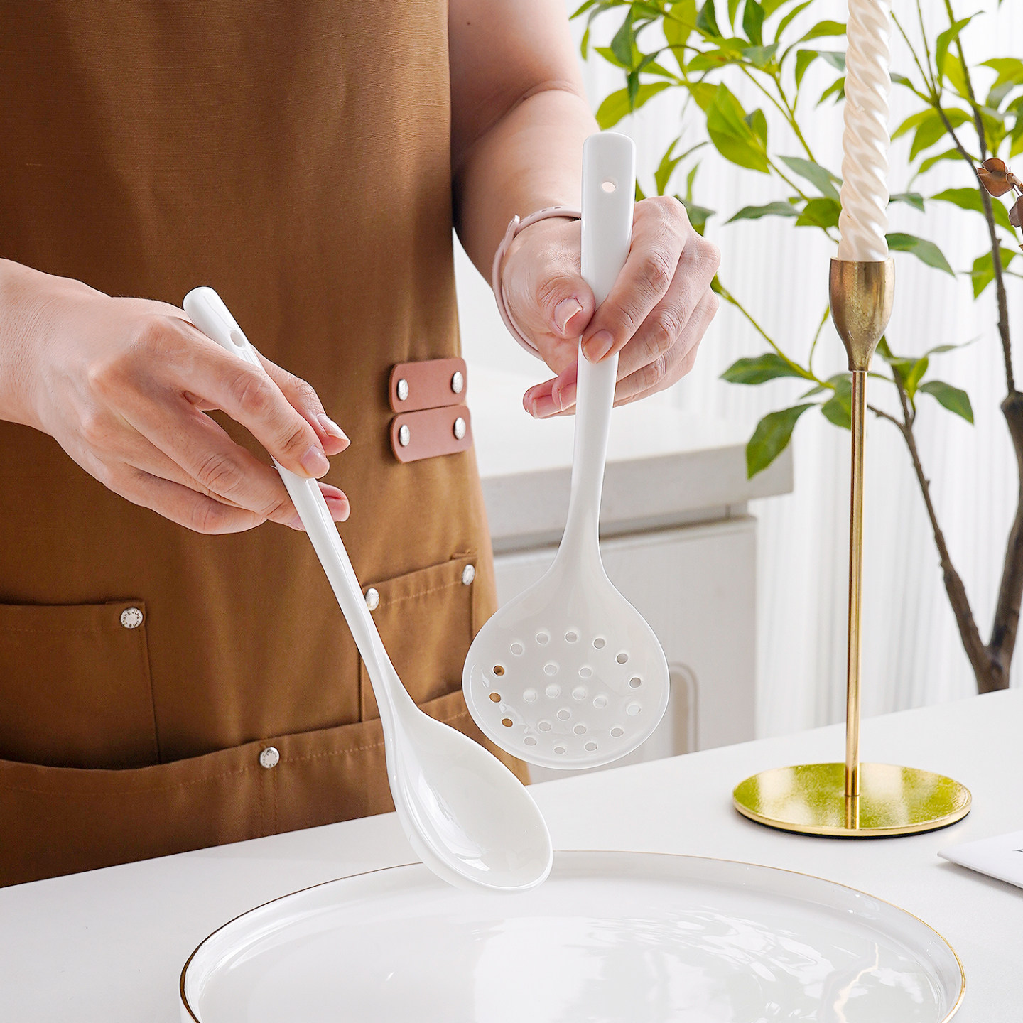 家用骨瓷火锅漏勺圆头勺长柄沥水勺粥勺大号调羹饭勺火锅勺套装
