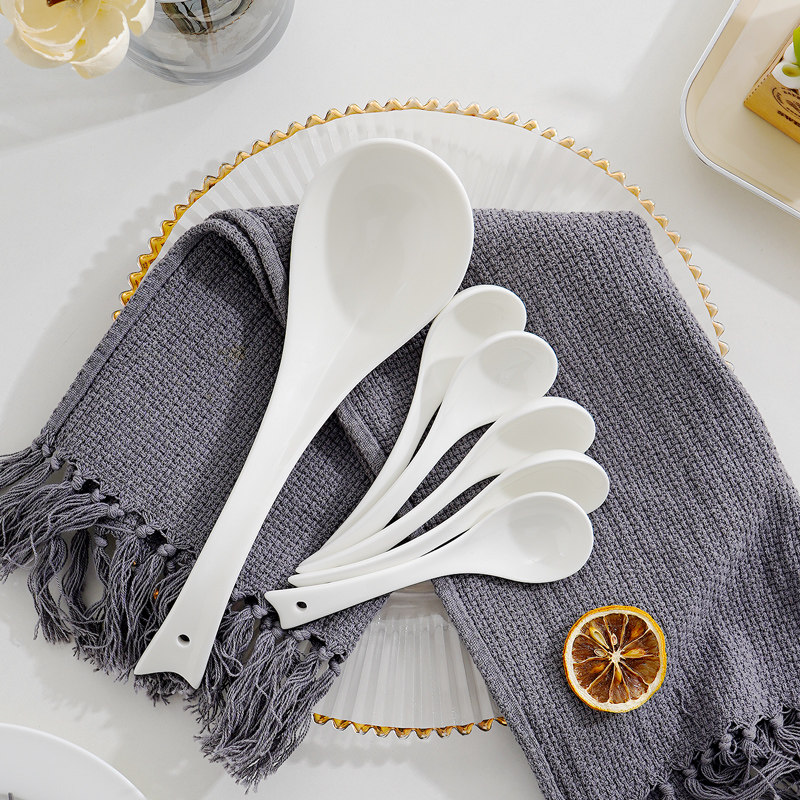 纯白骨瓷家用汤匙吃饭长柄圆头汤勺饭勺短柄陶瓷勺调羹喝汤小勺子