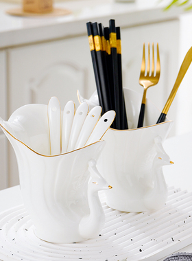 轻奢描金骨瓷勺子笼筷子筒家用厨房汤匙收纳盒叉勺餐桌收纳筒筷篓