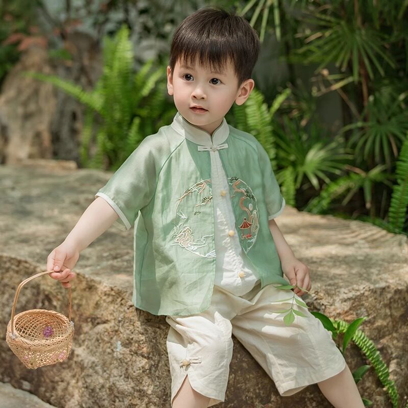 汉服男童夏款宝宝刺绣长晚亭中国风纯棉套装小男孩古装国学服唐装