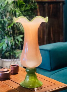 大型美式花瓣口奶橘撞绿色纯手工玻璃风灯花瓶水养插花器家居摆件