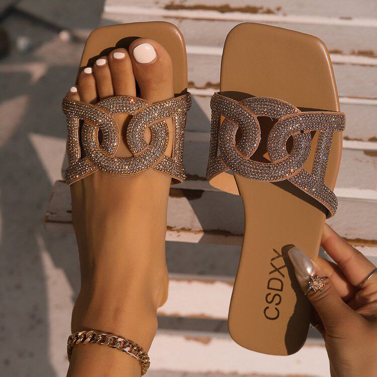 shoes women水钻一字型平底拖鞋女方头一脚蹬居家拖鞋外贸大码Fla