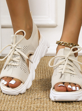 shoes women42大码运动凉鞋女夏新款厚底飞织软底休闲平底镂空欧