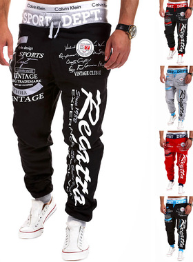 men clothes欧码印花裤秋冬男卫裤潮流GYM字母宽松运动裤青年男裤