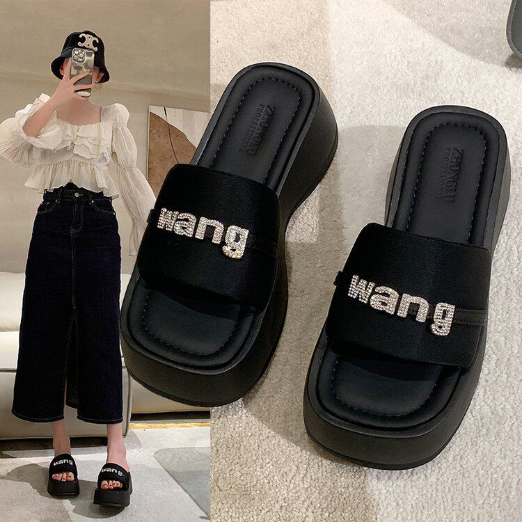 shoes women拖鞋女外穿新款夏天高跟松糕增高夏季凉鞋厚底复古沙