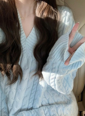 women clothesKANING奶蓝色软糯V领麻花毛衣女2026秋冬新款慵懒风