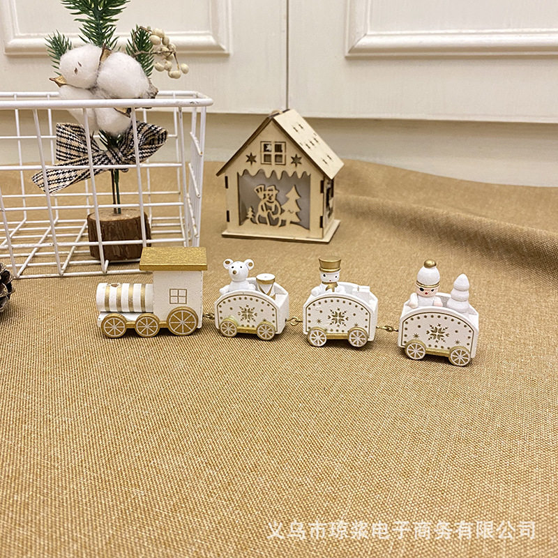 圣诞节木质小火车装饰品 DIY儿童四节小火车玩具节日礼物桌面摆件