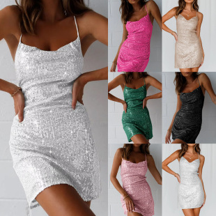 women 吊带短裙性感露背亮片闪光连衣裙夜店 clothes2025欧美新款