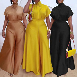 women clothesS10920 欧美缎面丝滑绑带飞袖阔腿两件套