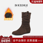 磨砂绒面短筒靴平底防滑内增高时装 加绒中筒靴女2026春季 新款 靴子