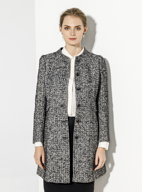 玫而美针织外套女中长款圆领格子羊毛经典休闲时尚中年春秋薄大衣