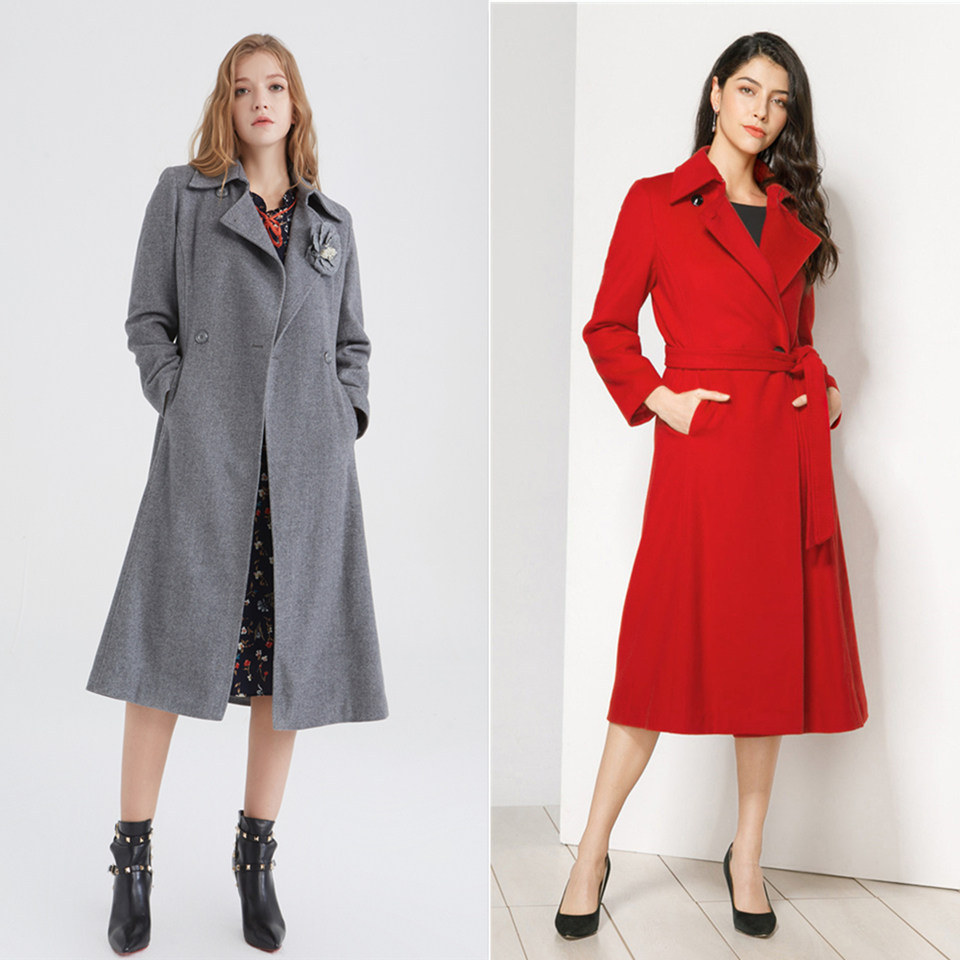玫而美羊毛大衣女西服领长款过膝收腰修身气质优雅冬季毛呢外套