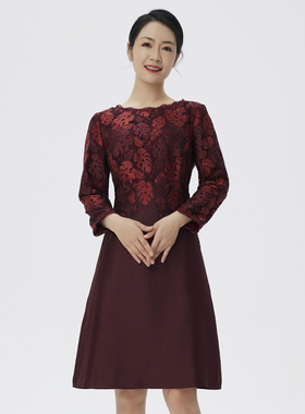 玫而美连衣裙修身收腰圆领九分袖蕾丝绣花气质婚庆春秋婆婆中长裙