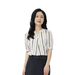 玫而美衬衫女士短袖V领条纹宽松百搭桑蚕丝夏季真丝套头衬衣