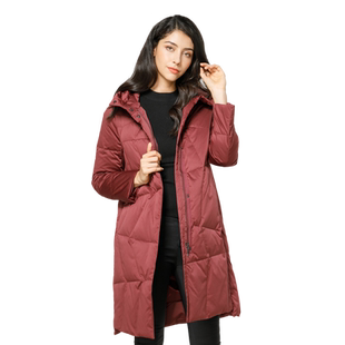 玫而美品牌时尚简约气质修身连帽酱红色羽绒服中长款女MDRS51301