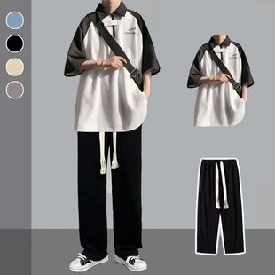 t恤两件 专柜POLO衫 男套装 夏季 设计感宽松一套搭配休闲潮学生短袖