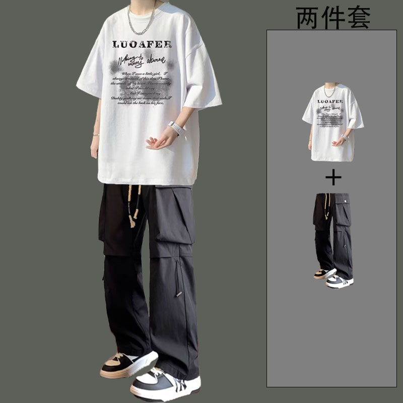 专柜夏季短袖t恤男宽松百搭休闲潮牌上衣一整套搭配休闲裤痞帅套