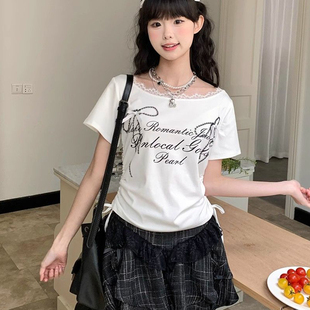 显瘦正肩 专柜可爱甜美蝴蝶结抽绳短袖 T恤女夏季 新款 蕾丝印花修身