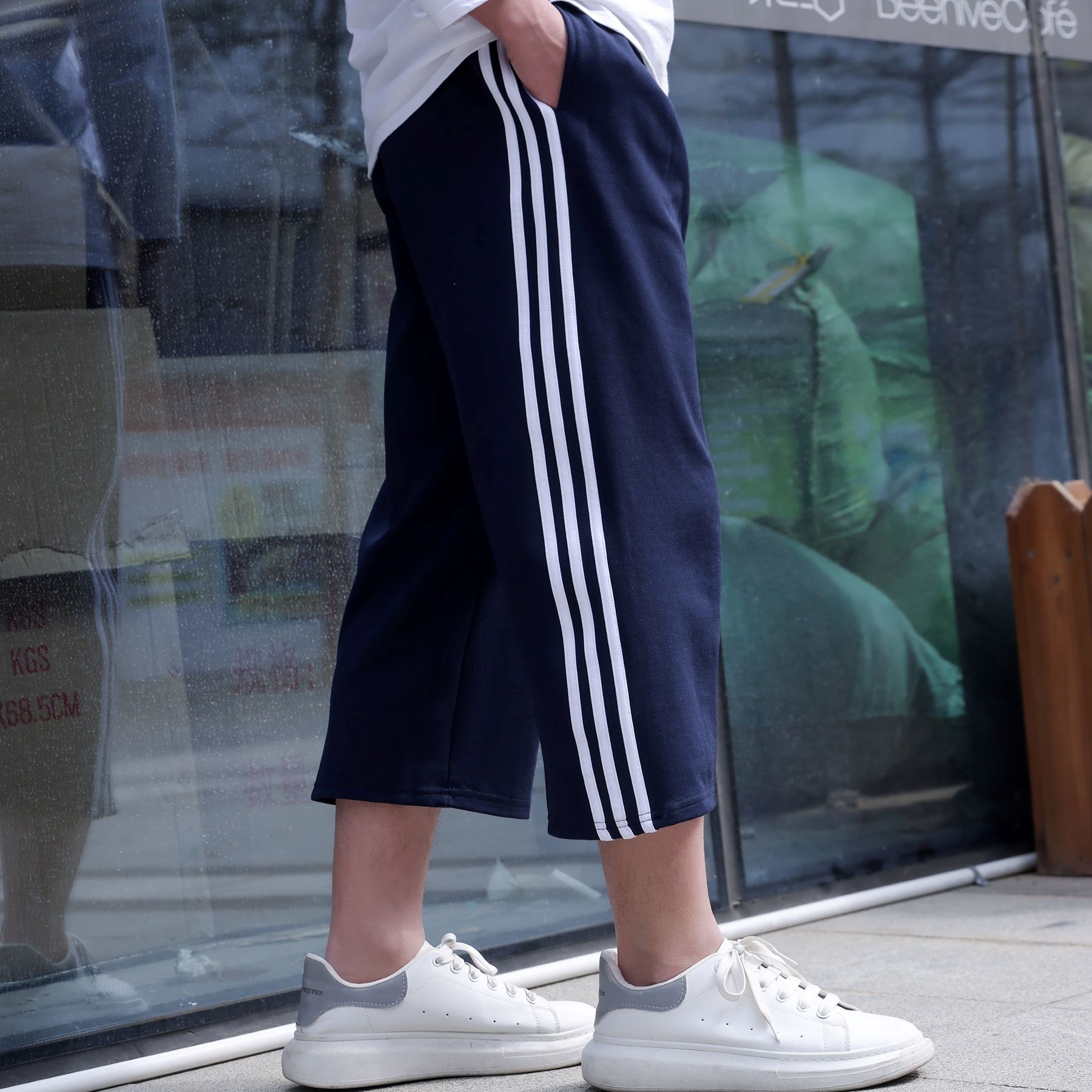 校裤三条杠五七分裤男女宽松三杠白边夏季短裤初高中学生校服裤子
