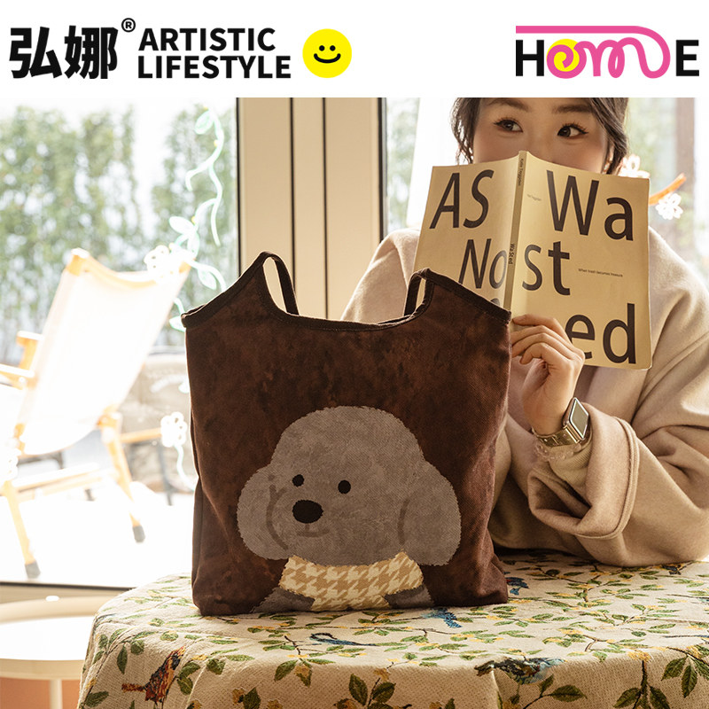 弘娜x恩久吾 文艺复古可爱动物插画背心包 大容量日常单肩帆布包W