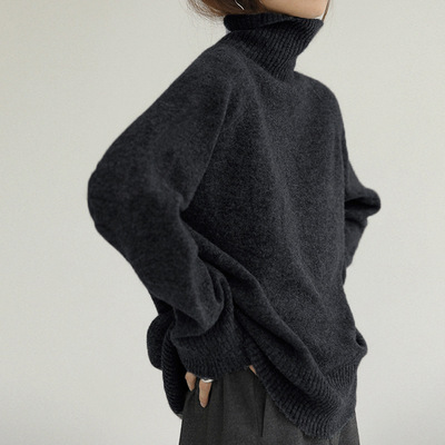 黑色高领内搭打底衫毛衣女秋冬复古宽松高级感浣熊绒针织上衣加厚