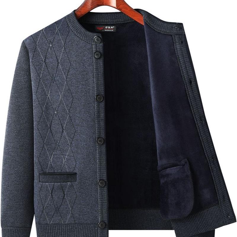 爸爸圆领开衫毛衣加绒加厚款中老年人男士针织外套爷爷秋冬装上衣