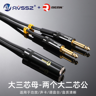 REAN正品 6.5大三芯母插口转2个大二芯插头立体声延长音频线调音台