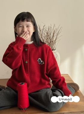 U+mail 童装2025新休闲年货款女孩中大童小马标开衫针织毛衣亲子