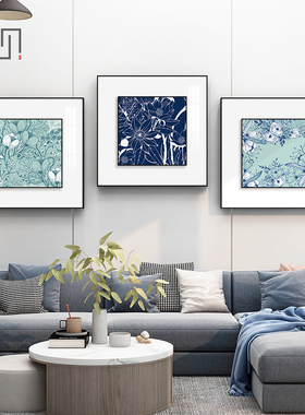北欧风玄关小清新蓝色花卉装饰画现代简约地中海挂画客厅墙上壁画