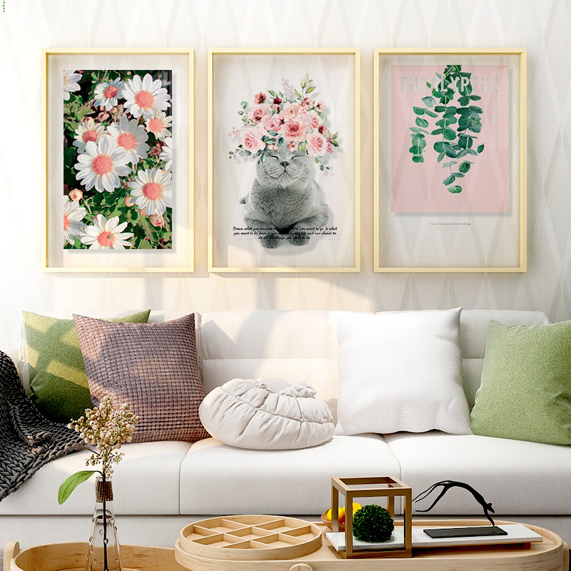 起贝 北欧雏菊猫咪装饰画客厅沙发透明画小清新花卉餐厅挂画壁画