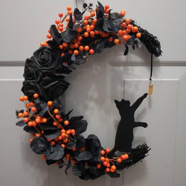 万圣节哥特玫瑰月亮猫花环门饰