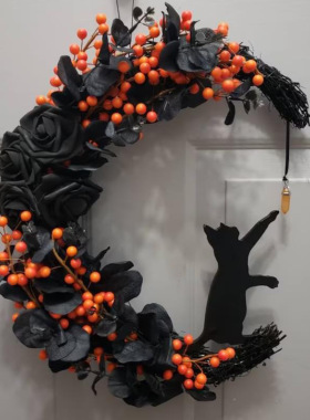 万圣节哥特玫瑰月亮猫花环门饰