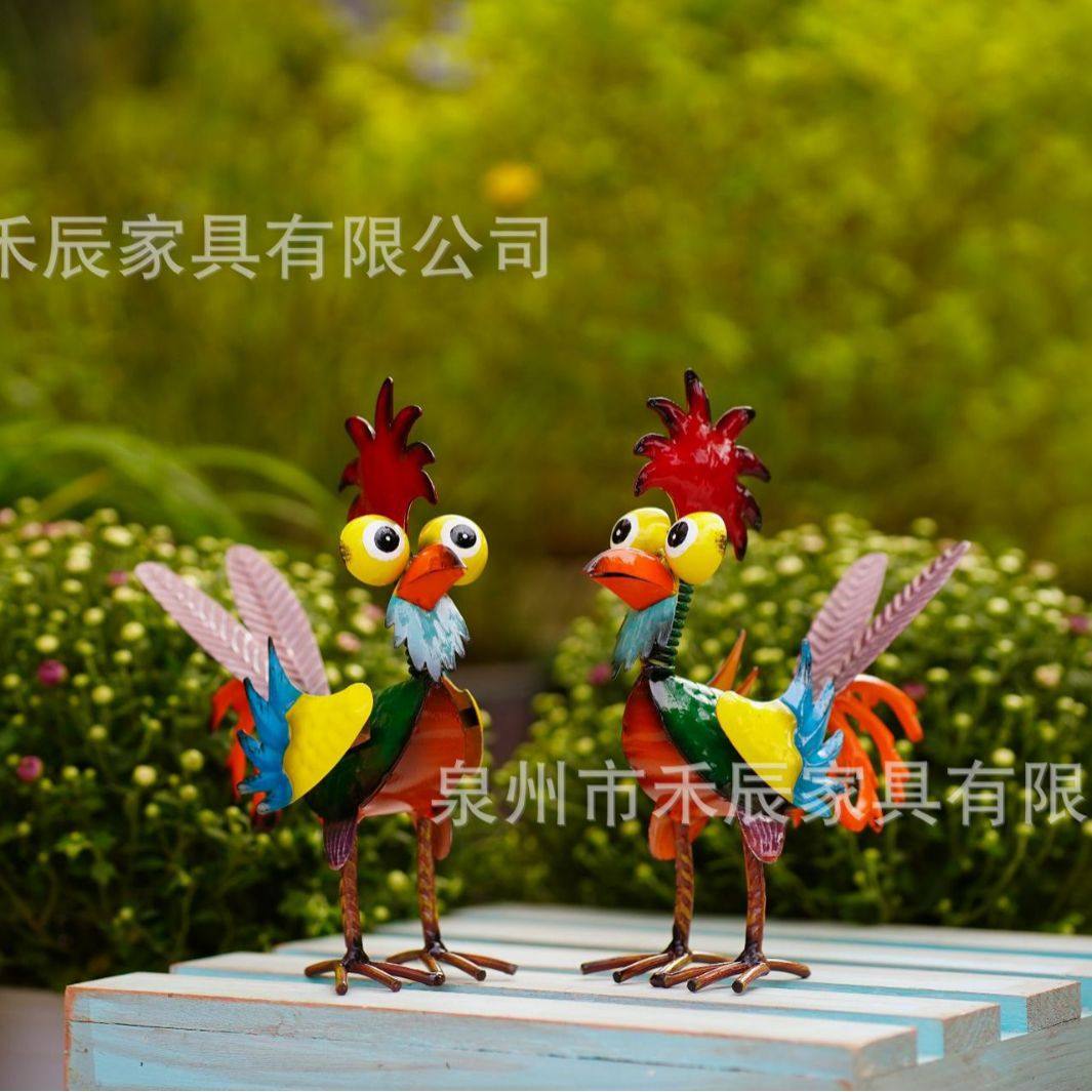 美式庭院室内桌面彩色立体小公鸡动物装饰园艺摆件创意铁艺工艺品