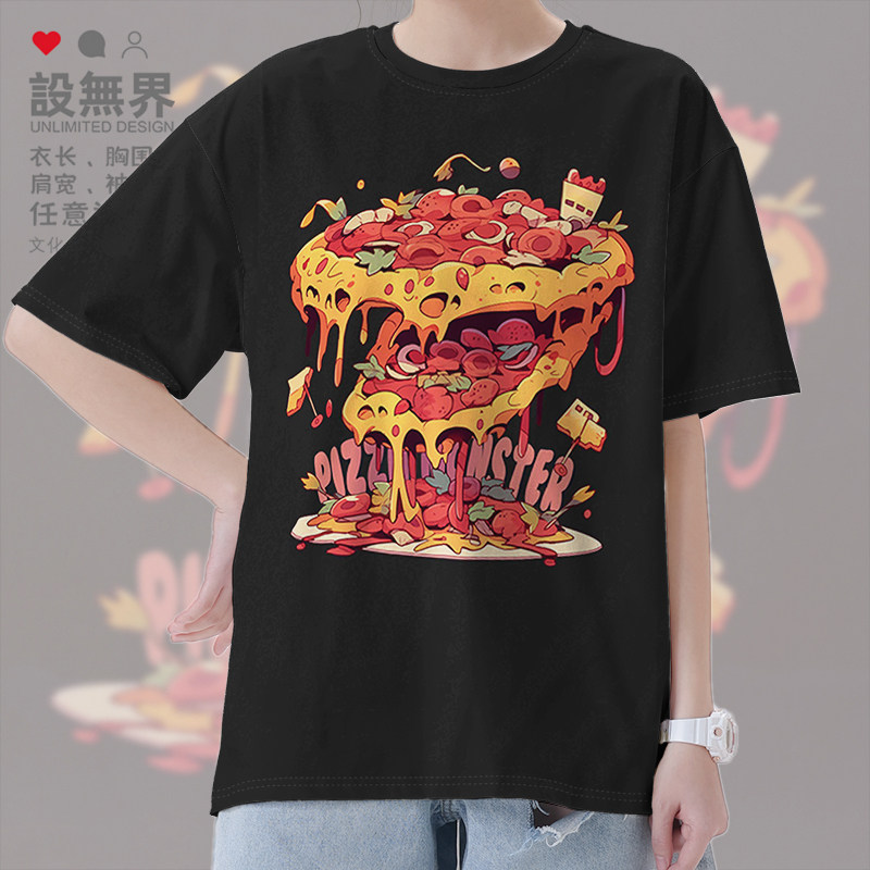 ina潮牌创意卡通怪物披萨手绘短袖T恤男女印花体恤潮0018设 无界