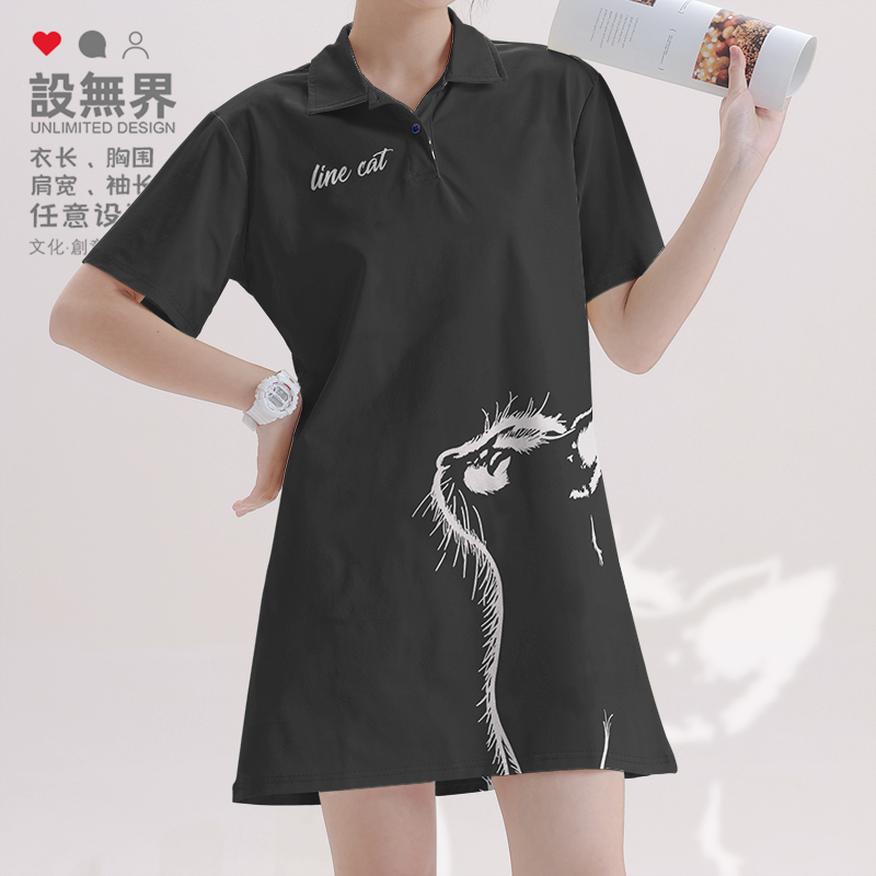 日系可爱发光猫咪线条感3D宠物POLO领连衣裙显瘦长裙0017设 无界