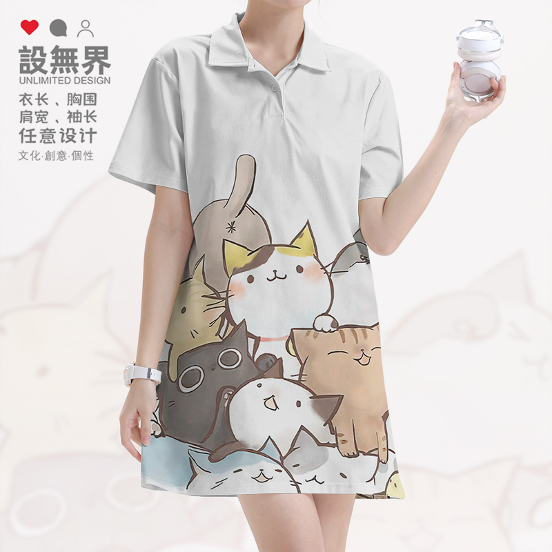 手绘萌萌小猫咪家族搞POLO领短裙