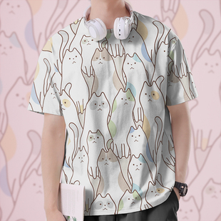 0015设 女装 无界 速干T恤男装 日系呆萌小猫咪彩色可爱趣味图案大码