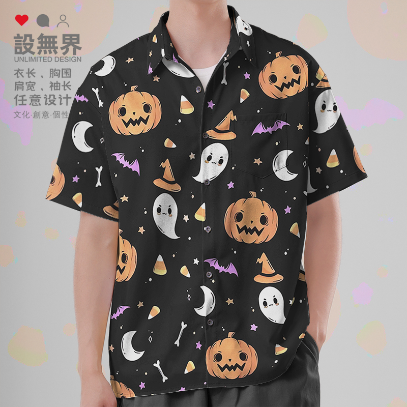 可爱幽灵万圣节南瓜涂鸦短袖衬衫