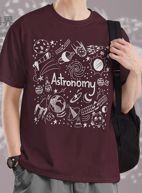 天文学手绘涂鸦星球纯棉短袖T恤男女休闲学生宽松衣服0002设 无界