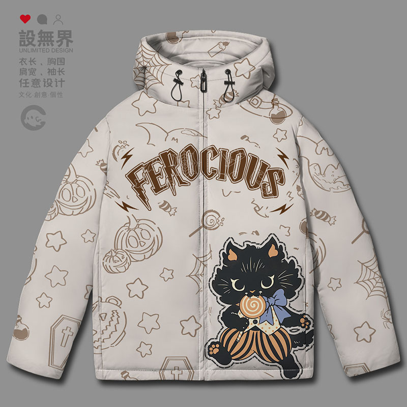 爱吃棒棒糖猫咪万圣节主题卡通连帽羽绒服男女外套潮0017设 无界