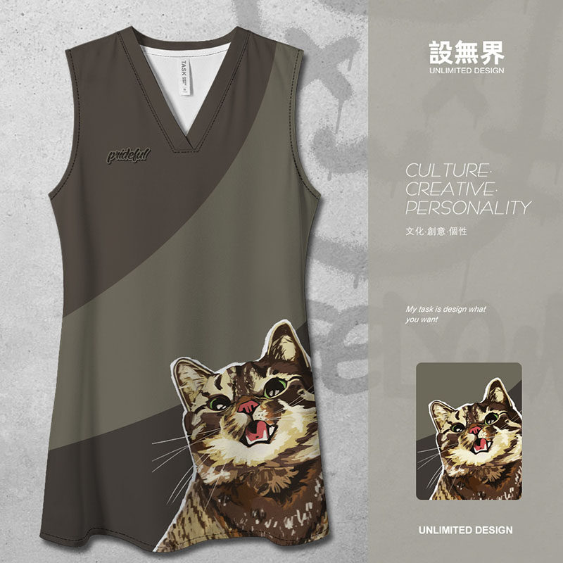 梨花猫玳瑁田园猫咪头像可爱插画拼色POLO领连衣裙裙子潮设 无界