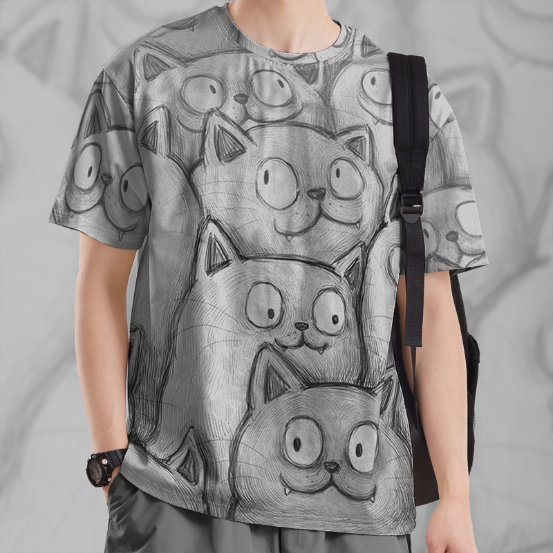 原创手绘铅笔画猫咪插画速干T恤