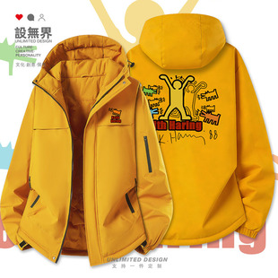 举手基思哈林波普艺术手绘涂鸦街头加厚棉服男女棉袄外套设 无界